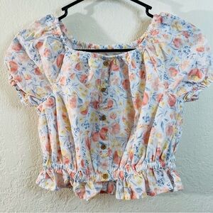 Tommy Bahama White Floral Button-Front Puff Sleeve Girl Crop Top Size 10 Boho